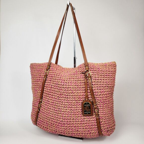 Lauren Ralph Lauren Purse Pink Woven Large Basket Bag Tote Polo Ralph Lauren‎